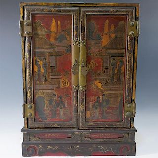 CHINESE ANTIQUE PAINTED LACQUER WOOD CABINET - QING DYNASTY