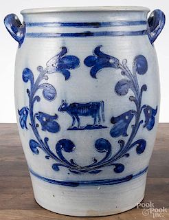 German stoneware crock, early 20th c., with double-sided incised decoration of a cow
