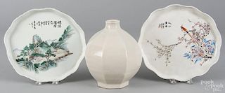 Two Japanese porcelain trays, 10'' x 11'', together with a pottery vase, dated 1972, 8 1/4'' h.