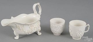 English Bow porcelain sauce boat, late 18th c., with relief prunus decoration, 4 1/2'' x 7 1/2''