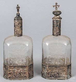 Pair of etched glass decanters with silver plated mounts, late 19th c., 10 1/2'' h.