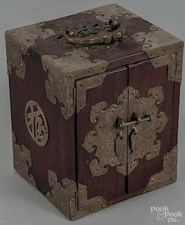 Korean brass mounted rosewood valuables box, early 20th c., 6 3/4'' h., 5 1/4'' w.