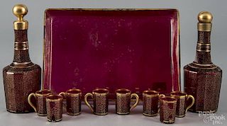 Ruby flash cordial set with gilt decoration, to include a pair of decanters, 8 3/4'' h., a tray