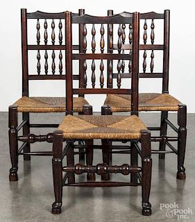 Set of six English yewwood rush seat dining chairs, 19th c.