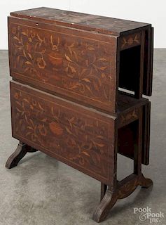 Marquetry inlaid two-tiered drop leaf table, early 20th c., 25 3/4'' h., 22'' w., 8'' d.