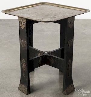 Brass mounted oak table, ca. 1900, with an engraved brass tray top, 23 1/4'' h., 20'' w., 20'' d.