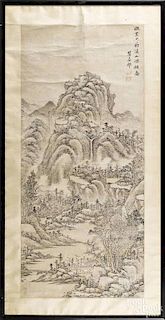 Chinese watercolor landscape scroll, 40 1/2'' x 18''.