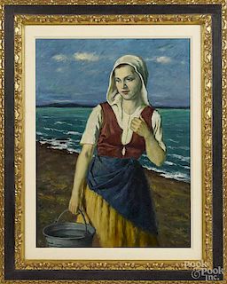 Rezes Molnar (Hungarian 20th c.), oil on canvas of a water carrier, signed lower right, 32'' x 24''