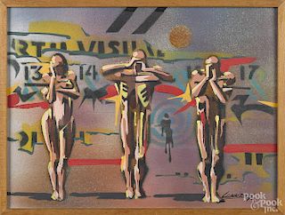Hernando Carrizosa (Columbian, b. 1945), modern acrylic on board, depicting the three evils, signed