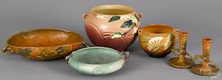 Six pieces of Roseville pottery, largest bowl - 6 1/4'' h., 9'' dia.