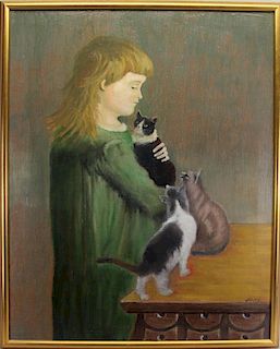 Arntz, Signed Painting of Young Girl with Cats