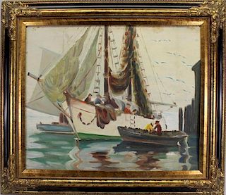 American School, Painting of Fishermen in Harbor