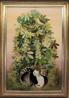 Signed, Painting of Kittens, Birds & Wildflowers