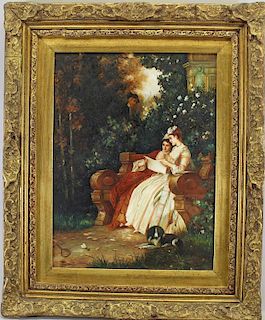 Signed Painting of Women in Garden, 20th C