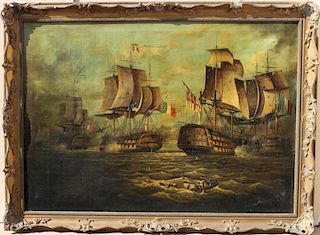 Large Antique Painting of Naval Battle