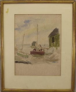 20th C. Watercolor, Boats at Dock. Ex Christie's