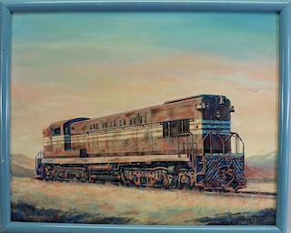 20th C. Painting of Locomotive, Signed