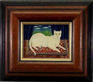 20th C. Oil/Canvas Painting of a White Cat, Signed