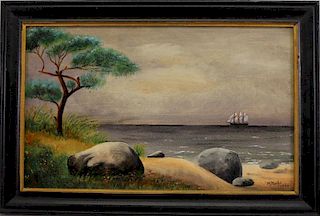 1940 American School, Ship off the Coast. Signed