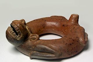 Pre-Columbian Circular Body Canine Effigy Vessel