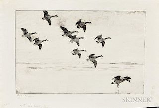 Frank Weston Benson (American, 1862-1951)  Three Impressions of Geese Drifting Down