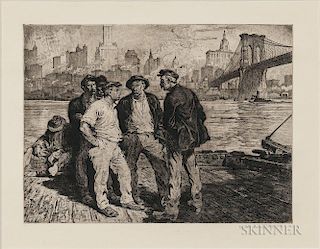 Martin Lewis (American, 1881-1962)  Dock Workers under the Brooklyn Bridge
