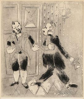 Marc Chagall (Russian/French, 1887-1985)  Le suisse ne laisse pas entrer Tchitchikov