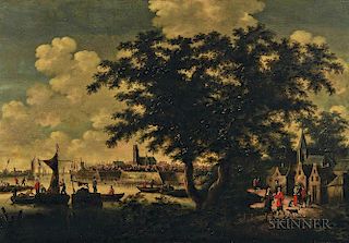 Attributed to Willem Dalens (Dutch, c. 1600-1675) or Jan Dalens (Dutch, 1637-1681)  Coastline View with Town Skyline and Figu
