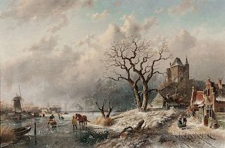 Charles Henri Joseph Leickert (Dutch, 1816-1907)  Animated Winter Landscape with Skaters