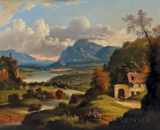 Attributed to Michele Felice Cornè (Italian/American, 1752-1845)  Idyllic Landscape with Lake, Castle, and Distant Town