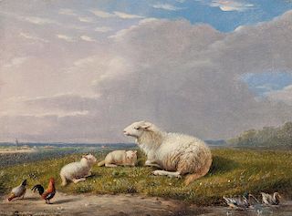 Franz Van Severdonck (Belgian, 1809-1889)  Ewe and Lambs in a Meadow