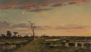 Joseph Rusling Meeker (American, 1827-1889)  Bayou Field with Campsite at Dusk under a Crescent Moon