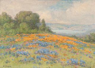 William Franklin Jackson (American, 1850-1936)  Field of Poppies and Lupine with View to a Bay