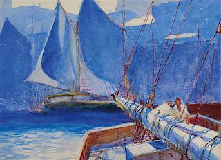 John Whorf (American, 1903-1959)  Harbor Scene with Stern of Boat and Two Sailors