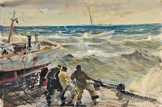 John Whorf (American, 1903-1959)  Fishermen Hauling Lines on a Dock