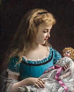 Giovanni Rota (Italian, fl. 1860-1900)  Young Girl in Blue Holding a Doll