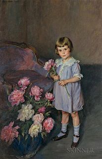 Lydia Field Emmet (American, 1866-1952)  Portrait of a Child Arranging Peonies
