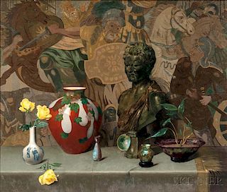 Harry Willson Watrous (American, 1857-1940)  Still Life with Objets d'Art and Yellow Roses