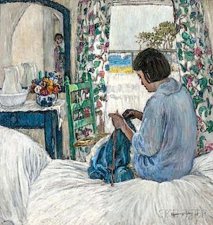 Esperanza Gabay (American, 1875-1963)  Woman Knitting in a Sunlit Bedroom