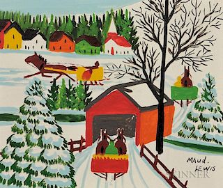 Maud Lewis (Canadian, 1903-1970)  Winter Scene with Horse-drawn Sleighs and Covered Bridge
