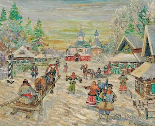 Attributed to Konstantin Alexseyevitch Korovin (Russian, 1861-1939)  Festive Village Scene in Snow
