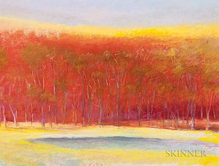 Wolf Kahn (German/American, b. 1927)  Pond in a Red Landscape