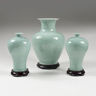 Chinese Celadon Vases with Rosewood Stands, Lot of Three