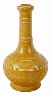 Garlic Head Yellow Ground Vase with Carved Dragons