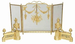 Pair Louis XVI Style Gilt Bronze Chenets with Firescreen