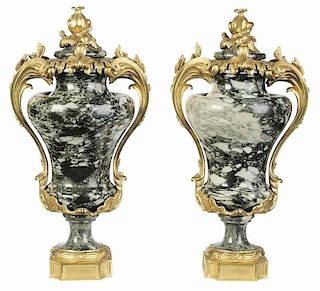 Pair Louis XV Style Marble and Bronze Urns