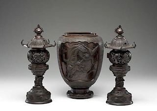 Japanese Bronze Jar and Lanterns 