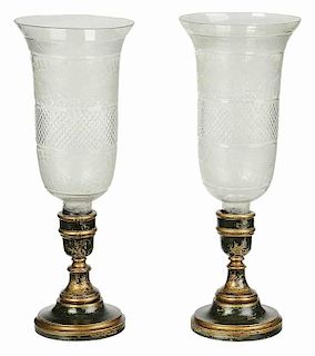 Pair of Candlesticks with Clear Glass Shades