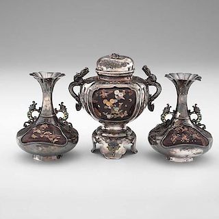 Japanese Meiji Sterling Vases and Censer 