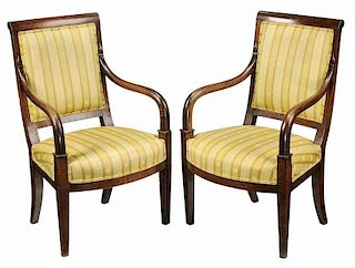 Pair Empire Walnut Upholstered Arm Chairs